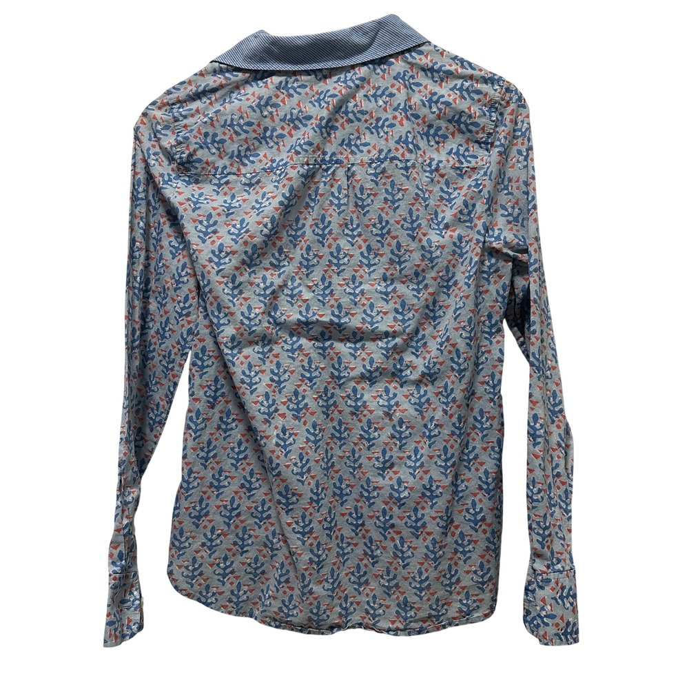 J.Crew Popover Shirt Womens 6 Blue Orange‎ Coral Print Trim Long Sleeve Cotton - Picture 4 of 6